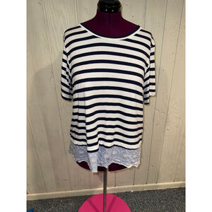 Sanctuary Striped Eyelet Top Lace Up Back White Navy 2XL